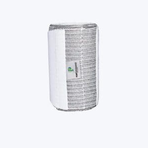 A white and gray cylinder with a green leaf on it.