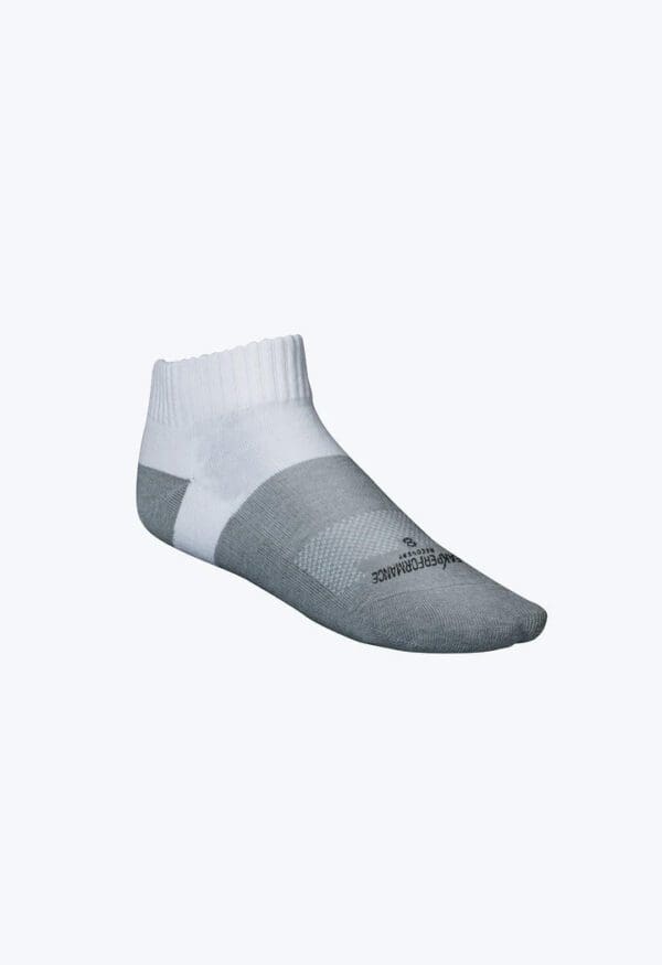 A pair of white socks with grey stripes on them.