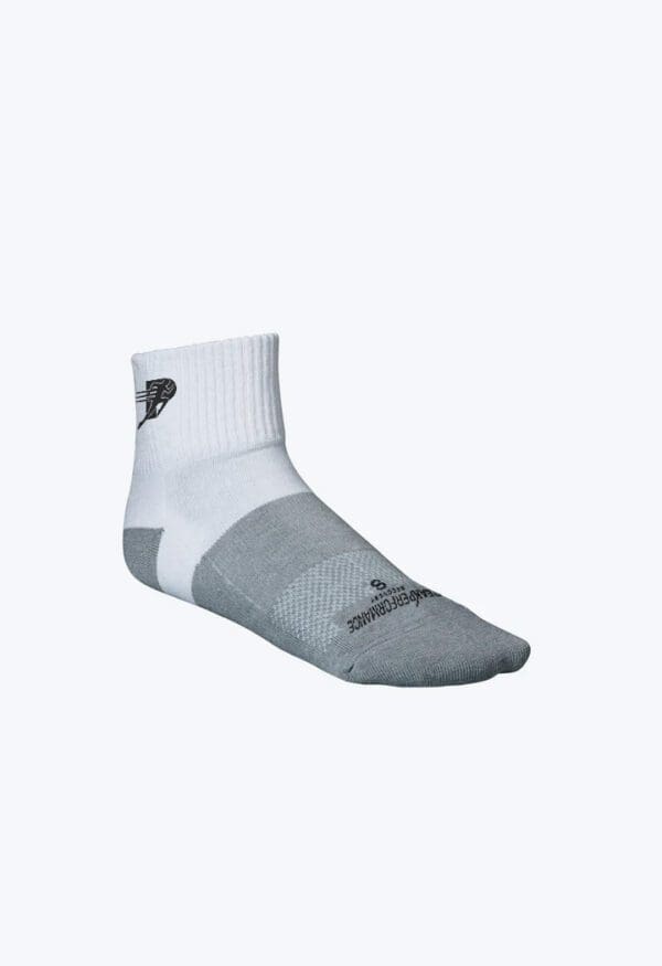 A pair of white socks with grey trim.