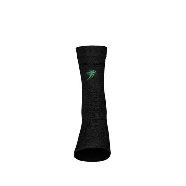 A black sock with a green logo on it.