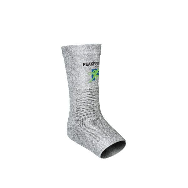 A pair of silver socks with green logo on them.