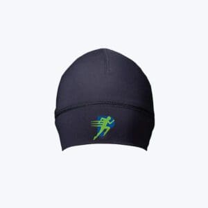 A black beanie with a neon green lightning bolt on it.