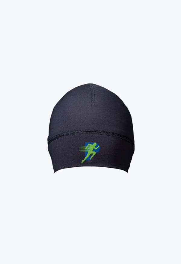 A black beanie with a neon green lightning bolt on it.