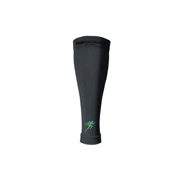 A black pair of socks with green lettering.