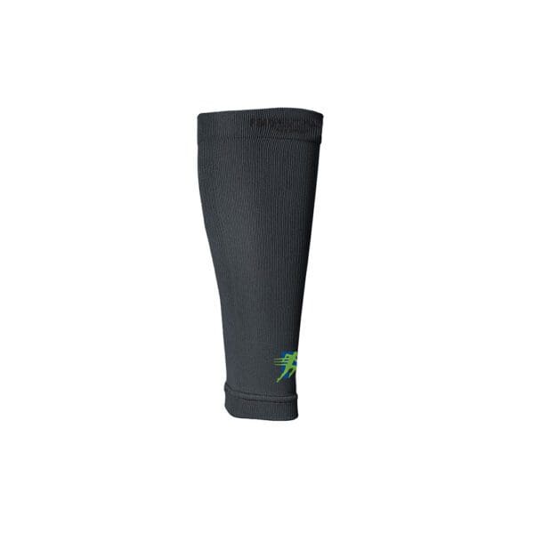 A black sock with green lettering on it.