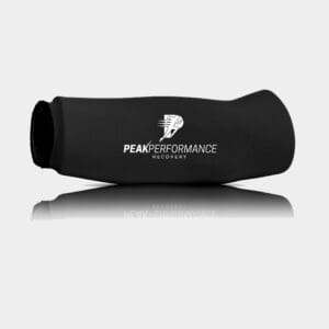 A black arm sleeve with the peak performance logo on it.