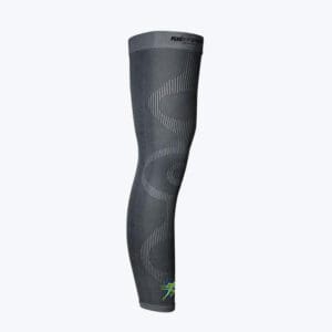 A black arm sleeve with green lettering on it.