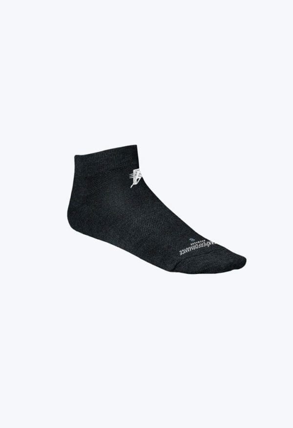 A pair of black socks with white logo on them.