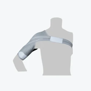 A person wearing a shoulder brace with their arm in the air.