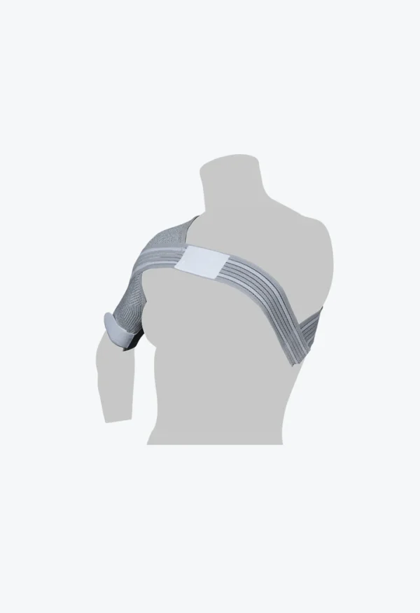 A man wearing a shoulder brace with one arm in the middle of his chest.