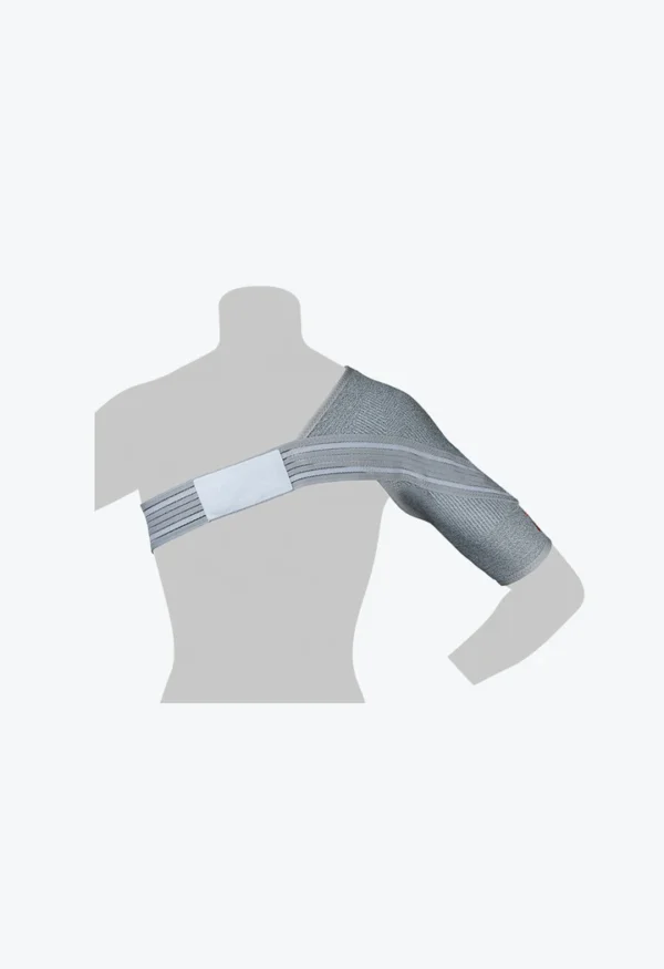 A person wearing an arm sling with one strap around the shoulder.