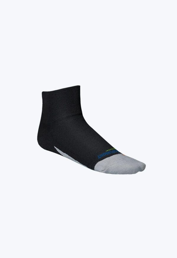 A pair of black socks with grey and blue accents.