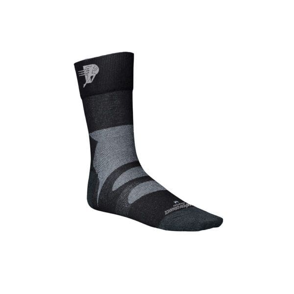 A pair of black and grey socks with a white logo.