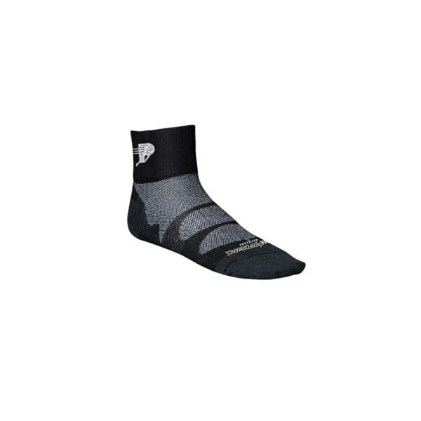 A pair of black and grey socks on top of a white background.