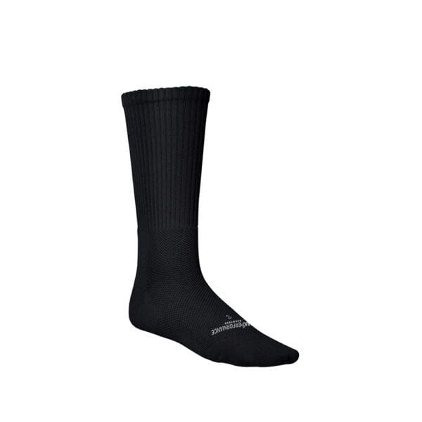 A pair of black socks with white writing on them.